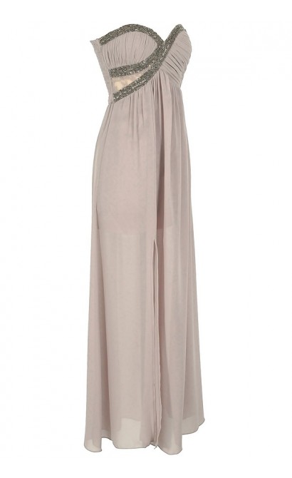 Silver Embellished Chiffon Designer Maxi Dress in Mink